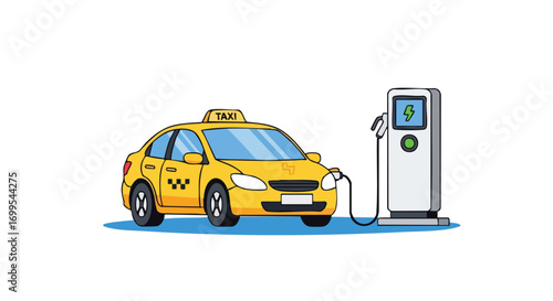 Yellow Electric Taxi Car Charging at Station, Promoting Sustainable Urban Mobility and Eco-Friendly Transportation for City Commute and Environmentally Conscious Services