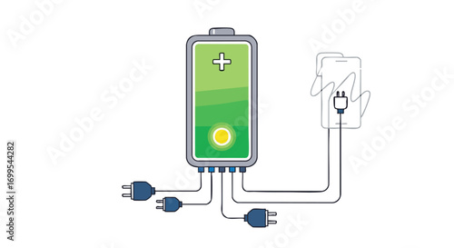 Illustration of a multi-device charging station showing battery level and multiple charging ports. Ideal for showcasing power solutions, technology concepts, and energy efficiency.