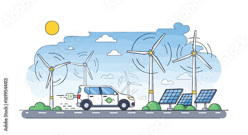 Illustrated electric vehicle driving past wind turbines and solar panels for sustainable energy concept and eco-friendly transportation projects.
