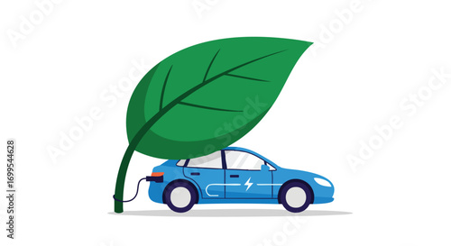 Illustrated electric car being charged under a large green leaf, symbolizing eco-friendly transportation and sustainable automotive technology