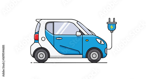 Illustrated electric car charging, representing sustainable transportation and green technology solutions for automotive industry and environmental awareness campaigns