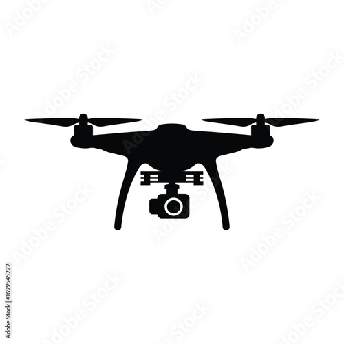 Black silhouette of a flying quadcopter with camera drone aerial