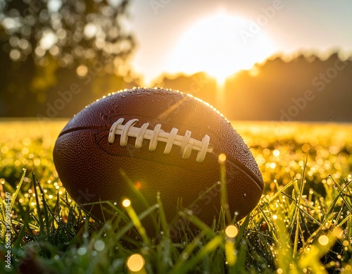 The spirit of the game: football basking in the golden morning light, Football under the morning sun on dew-kissed grass - a perfect shot