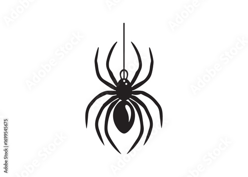 Black hanging spider silhouette flat vector style for Halloween design isolated on white.