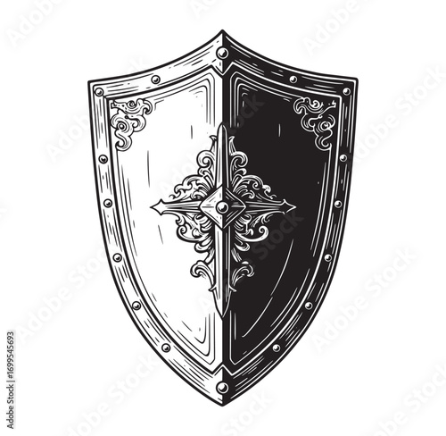 Intricately detailed hand drawn medieval shield with a cross and ornate decorations