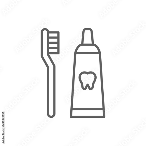 Toothbrush and toothpaste icon. Simple outline style. Toiletries, brush, tooth, paste, hygiene, oral, health, bathroom, dentist care concept. Thin line symbol. Isolated design editable stroke.