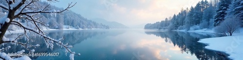 Wallpaper Mural Frozen lake reflecting a stark, wintry sky, ice crystals clinging to branches A desolate, beautiful scene, perfect for winter, nature, or artistic projects , winter wonderland, calm Torontodigital.ca
