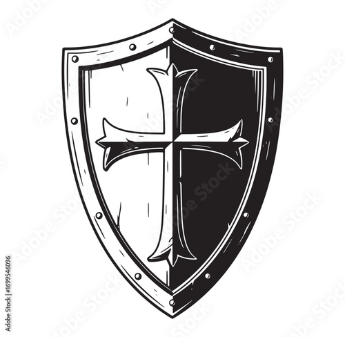 Vintage emblem illustration of a knights templar shield with a christian cross symbol