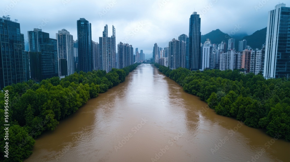 Fototapeta premium Aerial View of Urban River Surrounded by Skyscrapers and Lush Green Trees on a Cloudy Day