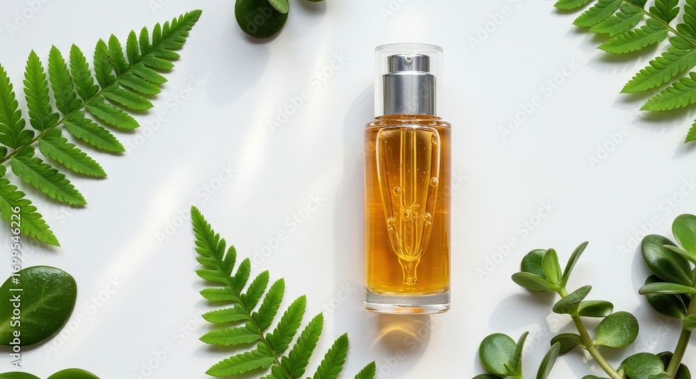 Fototapeta premium Serum Bottle with Green Leaves on White Background.