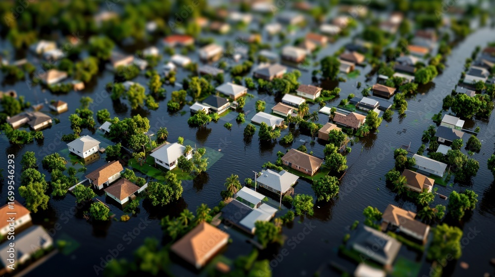 Obraz premium Aerial View of Suburban Neighborhood Flooded with Water Surrounded by Trees and Greenery After Heavy Rain