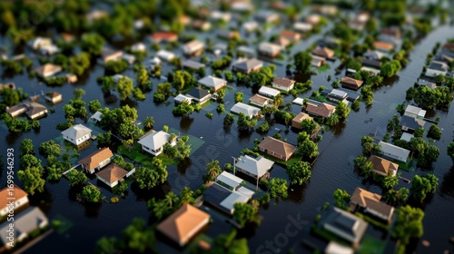 Aerial View of Suburban Neighborhood Flooded with Water Surrounded by Trees and Greenery After Heavy Rain