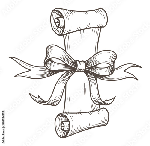 Vintage hand drawn scroll with ribbon bow decorative design element in elegant style