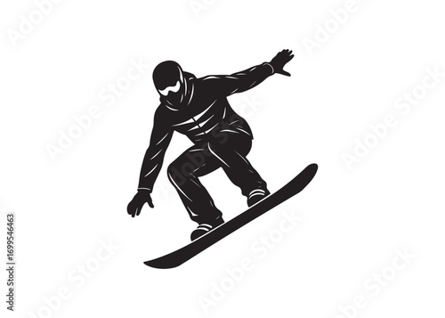 Snowboarder silhouette jumping downhill slope, dynamic winter sports illustration.