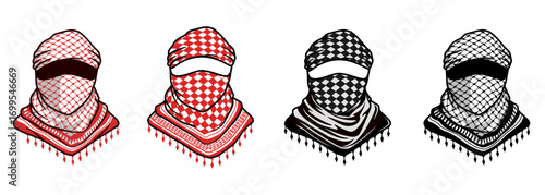 Set of Arabic traditional scarf mask. Palestinian, Syrian, Jordanian Keffiyeh. Middle east, Arab head wear concept design mascot logo vector illustration. Red, black, white scarf mask.