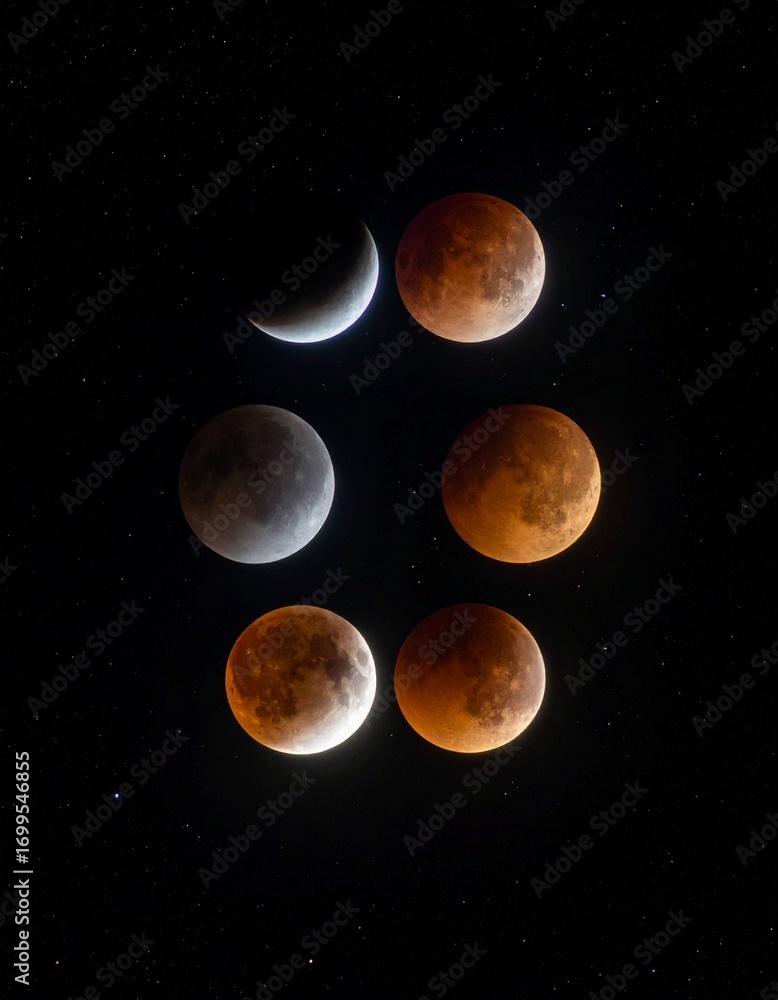 Naklejka premium A stunning sequence of a lunar eclipse showcasing different phases, A captivating display of the moon's transformation through a total lunar eclipse