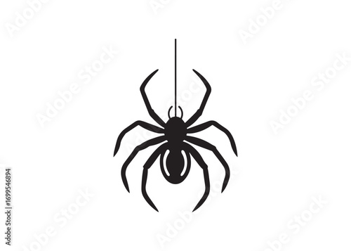 Black hanging spider silhouette flat vector style for Halloween design isolated on white.