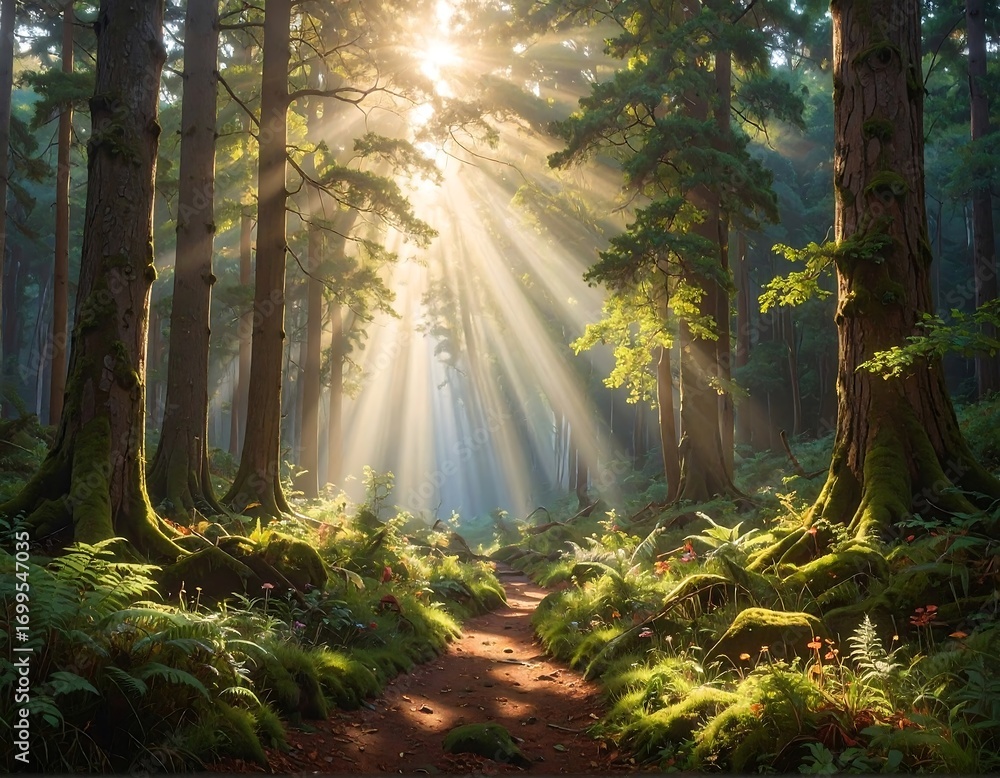 Fototapeta premium Enchanting forest landscape bathed in golden sunlight filtering through trees