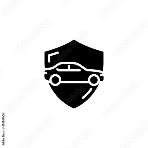 Shield and car icon. Simple glyph style. Safety, protect, safe, secure, vehicle, auto, transport, insurance concept. Silhouette, solid symbol. Isolated design.