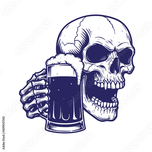 Spooky skull holding a mug of beer hand drawn illustration for halloween celebration