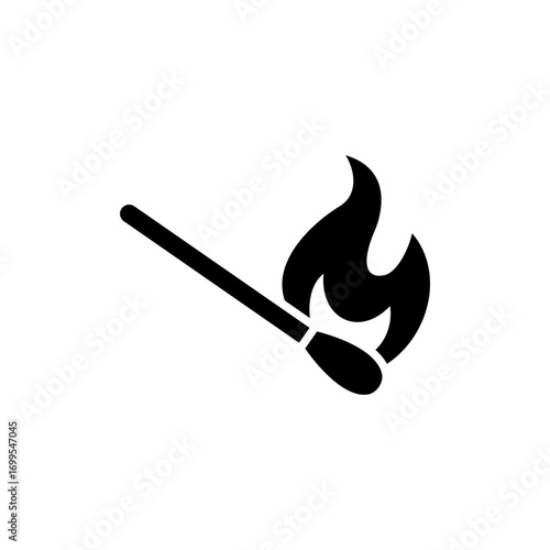 Burning match icon. Simple glyph style. Fire, flame, ignite, burn, stick, spark, safety, light, sulphur, flammable concept. Silhouette, solid symbol. Isolated design.
