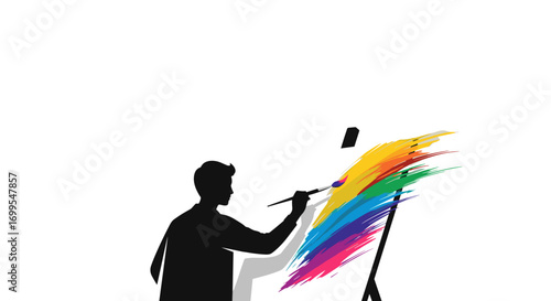 Silhouette of an artist painting a colorful abstract design on a canvas easel