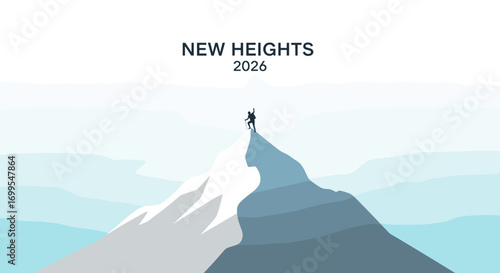 A person stands atop a snowy mountain peak with arm raised in celebration view