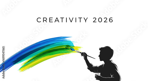 Silhouette of artist painting a colorful arc with blue green and yellow hues