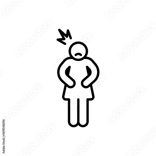 Hungry woman icon. Simple outline style. Poor woman, hunger, stomach, pain, holding, person, abdominal, adult, constipation, sad people concept. Thin line symbol. Isolated design.