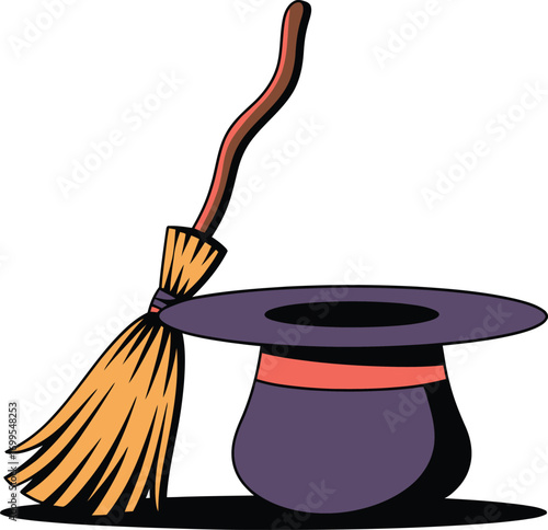 Purple witch hat with orange broom and coral band magic