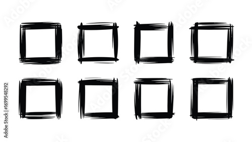 Eight black brush stroke square frames arranged in two rows white