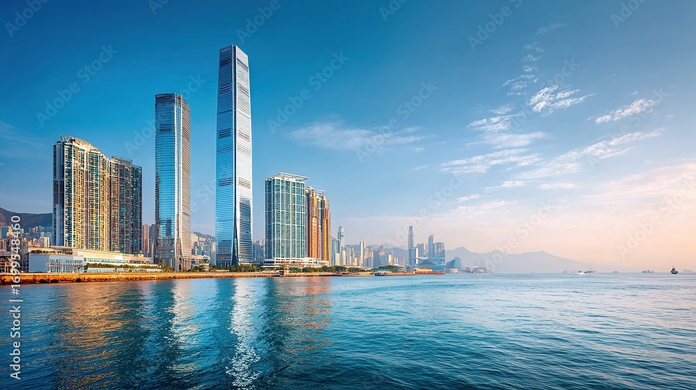 Naklejka premium Contemporary Urban Landscape: Blue-Glass Skyscrapers Reflected on Calm Waters with Mountains for City Planning and Development Concepts