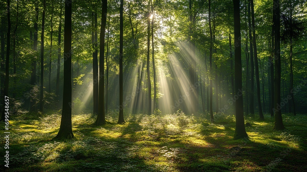 Fototapeta premium Sunlight filtering through trees in beautiful forest panorama, serene natural landscape with misty glow