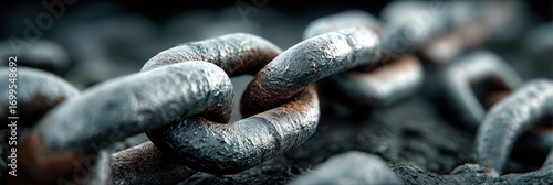 Close-up view of weathered metal chain links in outdoor setting showing texture and depth