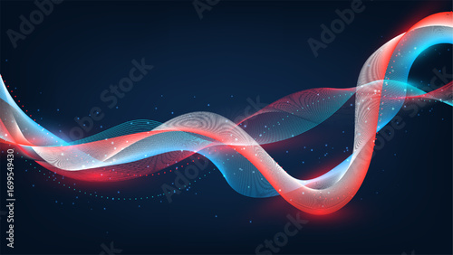 abstract digital background of flowing red and blue light waves with luminous particles symbolizing energy motion connection and modern technology in a futuristic visualization style