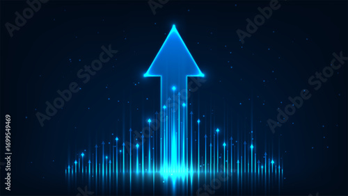 success growth progress with blue upward arrow symbolizing innovation technology and futuristic vision for corporate leadership finance strategy and achievement on dark sparkling background