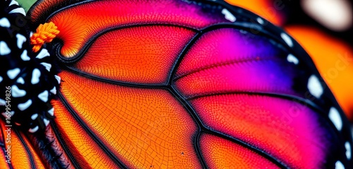 Close-up of vibrant monarch butterfly wings, intricate details visible, black,  pupa