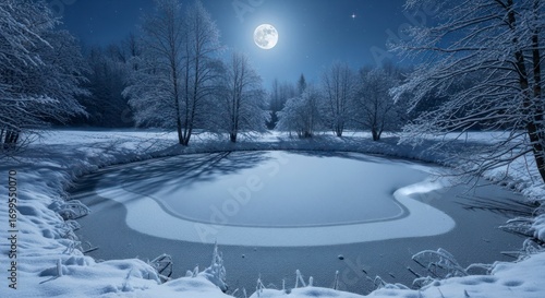 Frozen Lake Under Full Moon in Snowy Winter Landscape