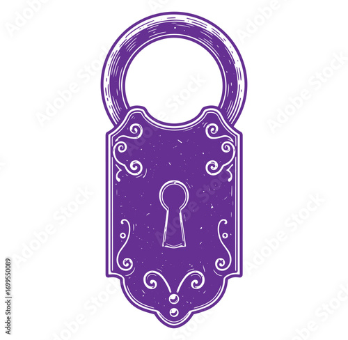 Decorative purple padlock illustration with keyhole and ornate swirl design elements isolated