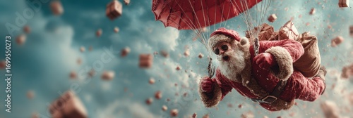 Santa Claus descends with a parachute amidst falling gifts in a winter sky