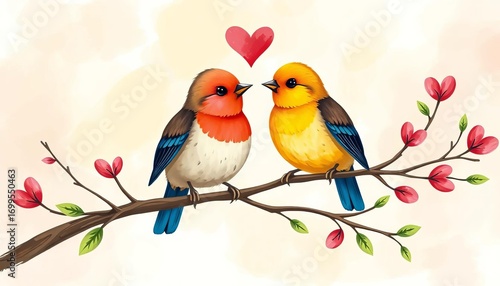 Two birds perched on a heart-shaped branch, whimsical hand-drawn style, botanical, feathers