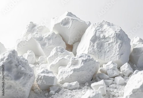 Lumps of quicklime, pure white against a stark background, building supplies, close up