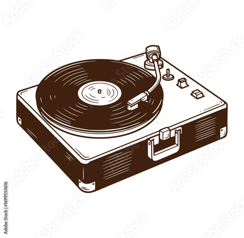Detailed hand drawn illustration of a vintage turntable playing a vinyl record