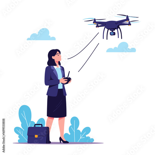 Businesswoman controlling a drone with a remote in a sky with clouds and vegetation below a professional aviation technology concept