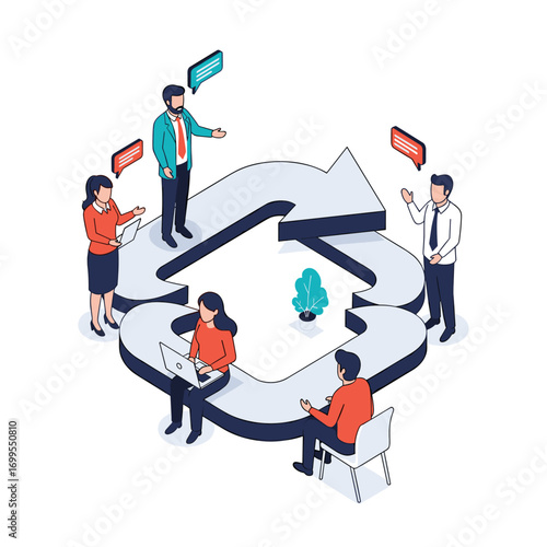 Collaborative business team working together on a project in a circular workflow diagram illustrating efficiency