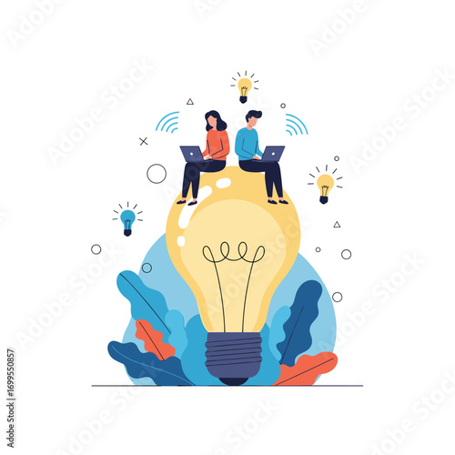 Two people working remotely on laptops sitting on top of a giant light bulb illustration