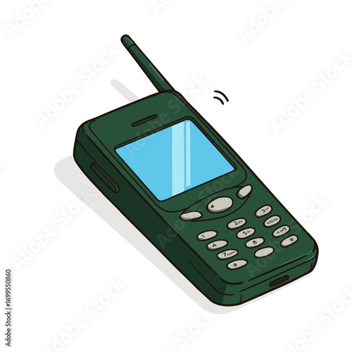 Vector illustration of a vintage mobile phone with antenna. Retro cell phone design in simple flat style, suitable for technology history, retro communication, and nostalgic themes