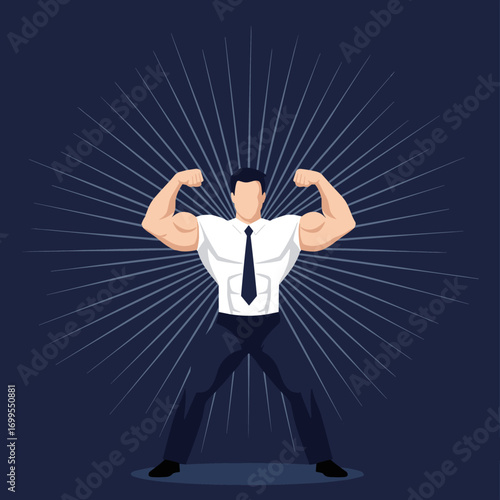 A muscular businessman flexing his biceps demonstrating strength and power