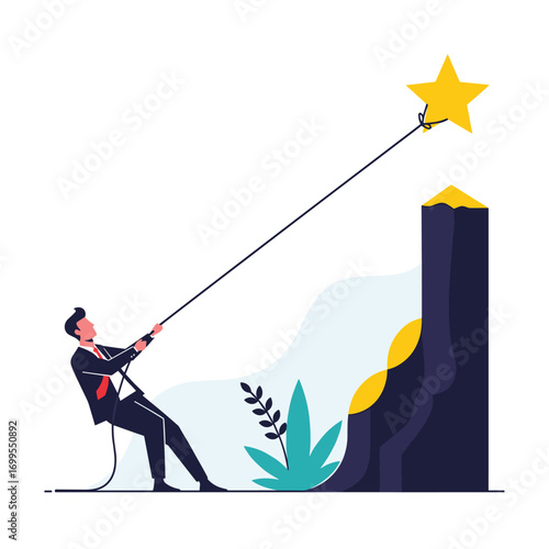 Businessman pulling rope towards bright star ascending tall mountain peak symbolizing achievement and success