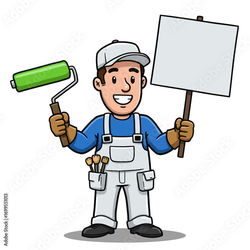 A cheerful cartoon painter wearing overalls and a cap, holding a paint roller and a blank sign.